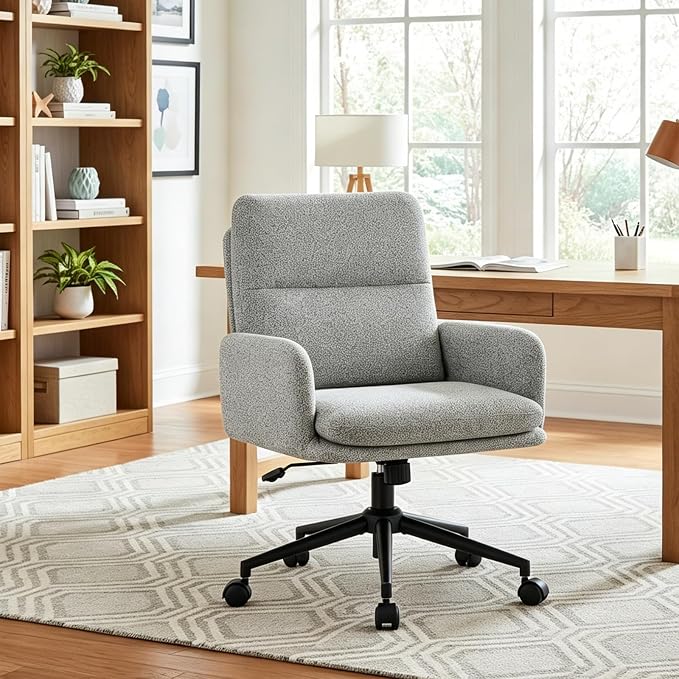 Comfortable Ergonomic Office Chair, Upholstered Desk Chair with Double-Layer Cushioning, Adjustable Height Swivel Task Chair with Padded Armrests, Rolling Wheels and Metal Base, Light Grey