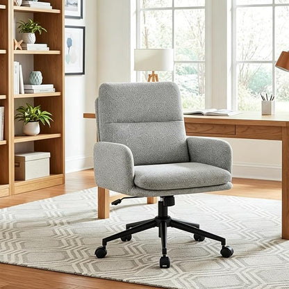 Comfortable Ergonomic Office Chair, Upholstered Desk Chair with Double-Layer Cushioning, Adjustable Height Swivel Task Chair with Padded Armrests, Rolling Wheels and Metal Base, Light Grey