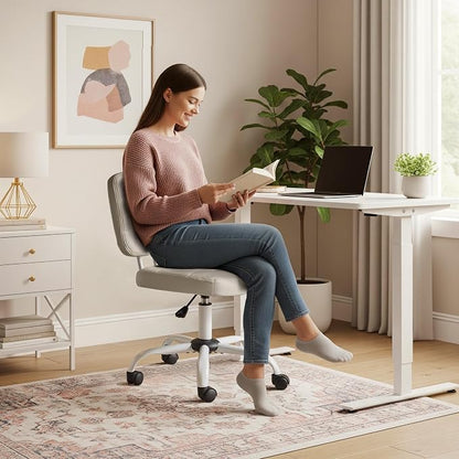 VINGLI Compact Small Desk Chair, Cute Armless Chair with Wheels, Vanity Chair with Low Back, Height Adjustable Task Chair for Small Spaces, Office, Bedroom, Make Up Room, PU Leather, Light Grey