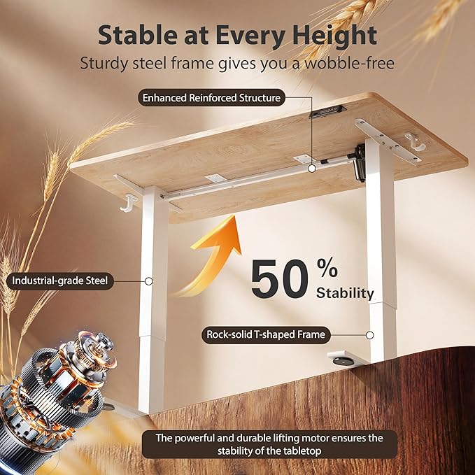 Cubiker Standing Desk, 40x24 Inches Sit Stand Home Office Desk, Electric Stand up Desk, Adjustable Desk with Splice Board, White Frame/Maple Top