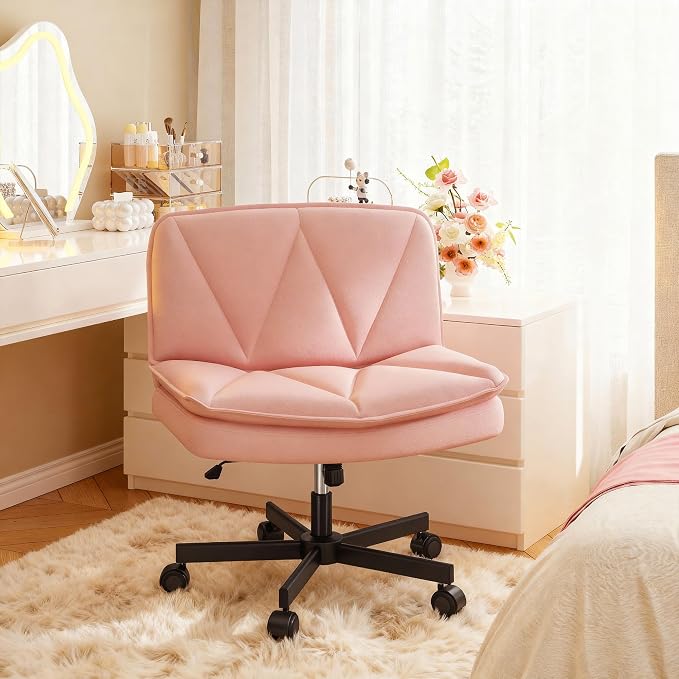 DurayLoly Criss Cross Office Chair with Wheels, Cross Legged Office Chair with 2 Layer Comfty Leather, Armless Wide Vanity Chair for Home Office, Pink