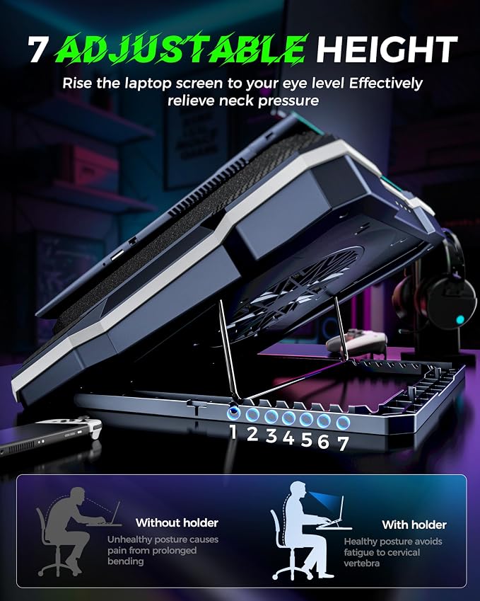 ChillCore RGB Gaming Laptop Cooling Pad with 5.5" Turbo Fan, Rapid Cooling for 15.6-19.3" Laptops, Variable Speed Control, 7 Adjustable Heights - K1 5V RGB