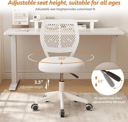 JPBSTO Armless Desk Chair, Height Adjustable Swivel Office Rolling Task Chairs with Soft Mesh Padded Cushion, Ergonomic Small Study Computer Chair for Girls Boys Teens (White, 2PCS)