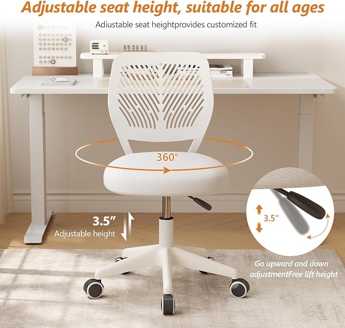 Armless Desk Chair Swivel Office Rolling Chair with Soft Padded Cushion, Height Adjustable Small Task Chair, Ergonomic Study Computer Chair for Kids Girls Boys Teens (White, 2PCS)