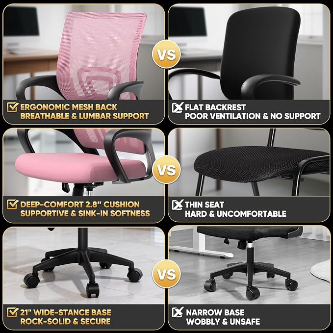 Magshion Ergonomic Office Chair 20 Pack, Mid-Back Mesh Desk Chair, Adjustable Swivel Computer Chair with Lumbar Support & Breathable Backrest for Gaming, Work, Study, 300 Lbs Capacity, Pink