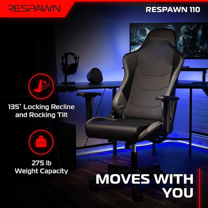 Respawn 110 Ergonomic Gaming Chair - Reclining Office Video Game Swivel Chair with Lumbar Support, Headrest, Heavy Duty, High Back, Racing Style Gaming Recliner Seat for Computer Gamer - Gray