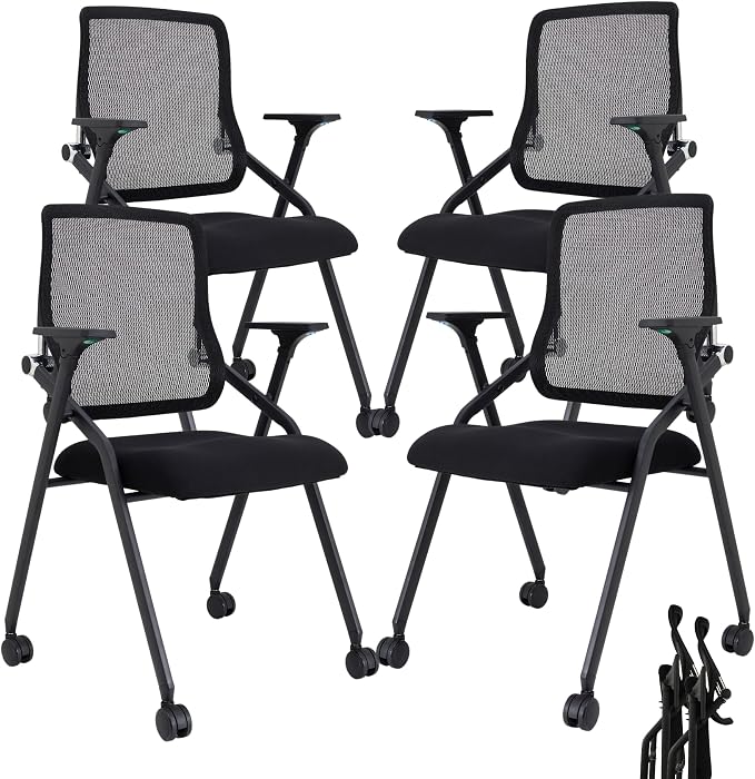 Updated Conference Room Chairs, Folding Office Desk Chair with Lumbar Support and Sliding Armrest with Casters, Stackable Office Guest Chairs & Reception Chairs, 4 Pack Black
