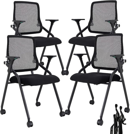 Updated Conference Room Chairs, Folding Office Desk Chair with Lumbar Support and Sliding Armrest with Casters, Stackable Office Guest Chairs & Reception Chairs, 4 Pack Black