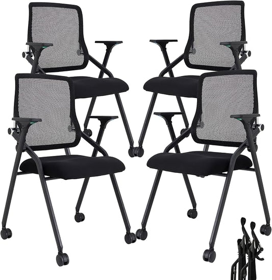 Updated Conference Room Chairs, Folding Office Desk Chair with Lumbar Support and Sliding Armrest with Casters, Stackable Office Guest Chairs & Reception Chairs, 4 Pack Black