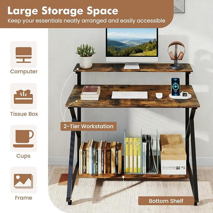 Giantex Rolling Computer Desk with Charging Station, Mobile Portable Laptop Desk with Monitor Stand & Storage Shelf, Small Desk with Lockable Wheels for Small Spaces, Home Office (Rustic Brown)