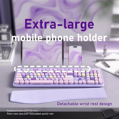 Wireless Keyboard and Mouse, Colorful 104-Key QWERTY with Round Keys, Phone Holder, Wrist Rest, Power Buttons, 2.4GHz USB for PC Laptop (Purple Colorful)