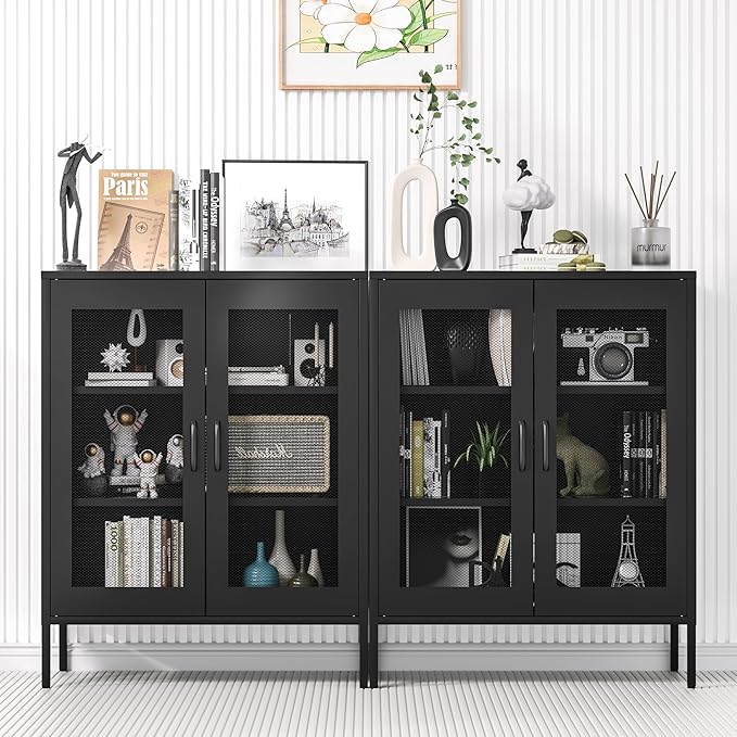 Chshin Black Metal Storage Cabinet,Metal Locker Storage Cabinet with 2 Mesh Doors and Adjustable Shelves,Kitchen Pantry Cabinets for Home,Sideboard,Living Room,Office(40" H)