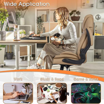 Big Tall Executive Office Chairs with Lumbar Support PU Leather Rocking Managerial Chair Comfy Swivel Desk Chairs with Wheels Flip-up Armrests, Khaki