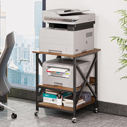 VENNQD 23.6 x 23.6 x 30.3 Inches Printer Stand, Large Printer Table with Adjustable Middle Shelf, Rolling Printer Cart with Wheels, 3 Tier Printer Table for Home Office Scanner Fax, Rustic Brown