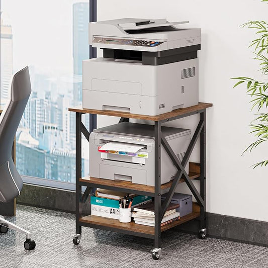 VENNQD 23.6 x 23.6 x 30.3 Inches Printer Stand, Large Printer Table with Adjustable Middle Shelf, Rolling Printer Cart with Wheels, 3 Tier Printer Table for Home Office Scanner Fax, Rustic Brown