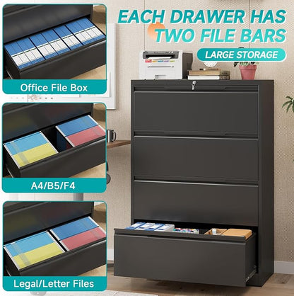 4 Drawer Lateral File Cabinet with Lock, Heavy-Duty Metal Vertical Filing Cabinet for Office, Steel Storage Compatible with Hanging Files Letter/Legal/F4/A4 Sizes, Black