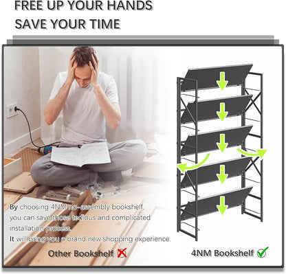 4NM Extra Wide 5 Tiers No Assembly Book Shelves, 51.2" H Folding Bookshelf Bookcase Open Industrial Foldable Shelves for Bedroom, Living Room, Home Office - All Black