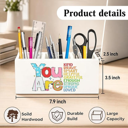 Boho Inspirational Pen Holder for Desk, You Are Kind Motivational Quotes Wooden Box Sign Desk Decor for Classroom Kids Room Home Office Decoration, Colorful Positive Pencil Organizer