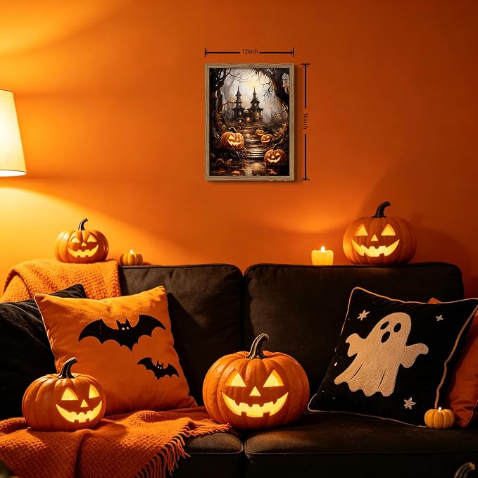 Framed Vintage Halloween Wall Art - Spooky Haunted House Canvas Print, Gothic Halloween Wall Decor, Fall Pumpkin Picture Painting for Living Room Bedroom Home, 12x16in Wood Frame