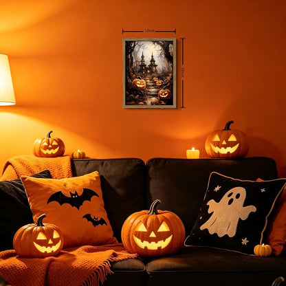Framed Vintage Halloween Wall Art - Spooky Haunted House Canvas Print, Gothic Halloween Wall Decor, Fall Pumpkin Picture Painting for Living Room Bedroom Home, 12x16in Wood Frame