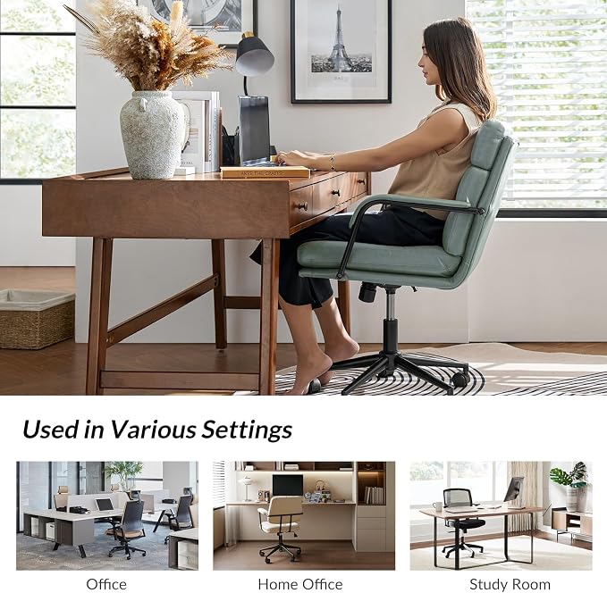 HULALA HOME Modern Faux Leather Home Office Chair with Tilt Lock & Metal Base, Desk Chair with Wheels & Padded Cushion, 360° Swivel Wide Seat Computer Task Chair, Sage