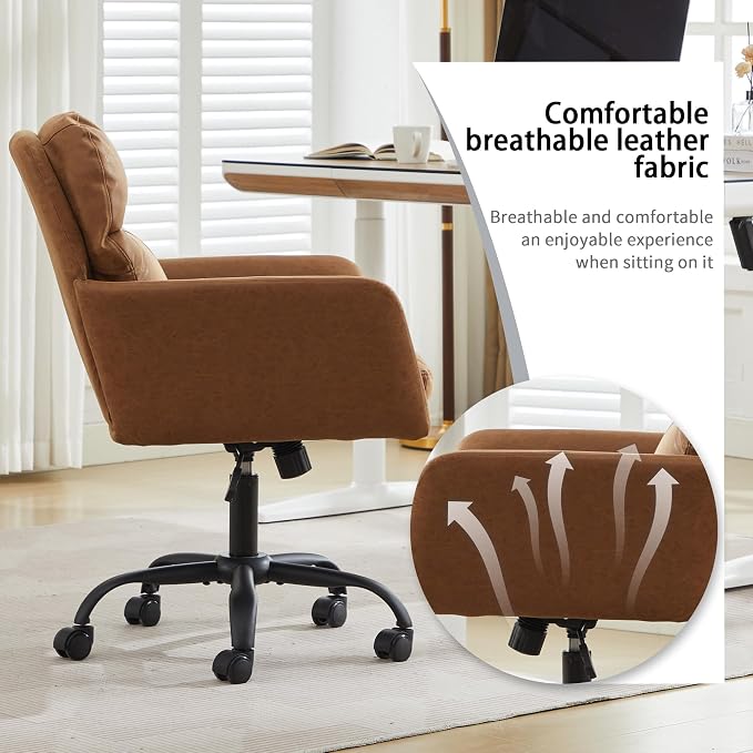 YITAI Adjustable Home Office Desk Chair with Comfy Square Mid-Back, Faux Leather 360 Swivel Upholstered Task Armchair with Wheels for Vanity Bedroom/Living Room,Study Brown
