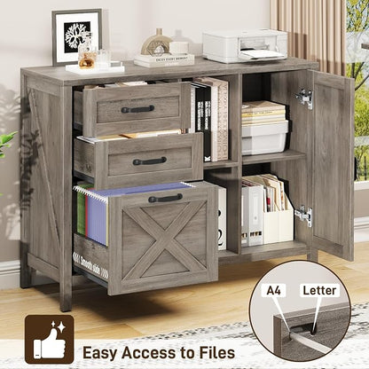 Befrases Farmhouse Lateral Filing Cabinet, Lateral File Cabinet with 3 Drawers and Cabinet, Large Printer Stand with File Drawer for Letter/A4 Size Hanging Files for Home Office, Rustic Grey