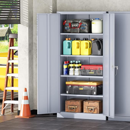 INTERGREAT Metal Garage Storage Cabinet with Lock, 72" Storage Cabinet with Locking Doors and 4 Adjustable Shelves, Lockable Steel Tool Cabinet for Home Office, School, Cement Grey