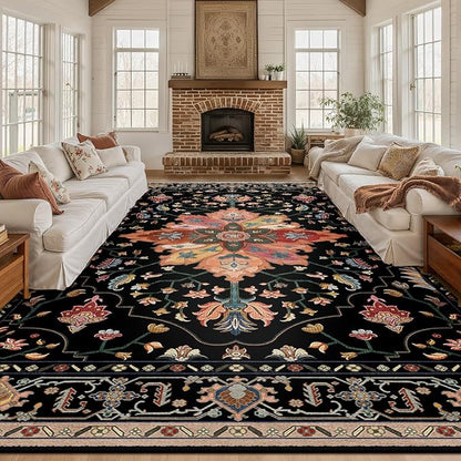 RELEANY Area Rugs Large 10'x12' Washable Non-Slip, Floral Vintage Distress Medallion Carpet for Living Room Bedroom Dining Room, Black Colorful Floral Dark Tan