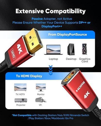 Highwings 4K DisplayPort to HDMI Cable Adapter, DP to HDMI Cable Uni-Directional UHD (2K 60Hz, 1080p 120Hz), Display Port Male to HDMI Female Passive, Monitor Converter for Computer, GPU, AMD, NVIDIA