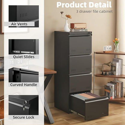Guizeeopo Metal File Cabinet with Lock, Vertical 4 Drawer File Cabinets for Home Office, Heavy Duty Office Storage Cabinet for A4/Letter/Legal Size, Assembly Required(Black)