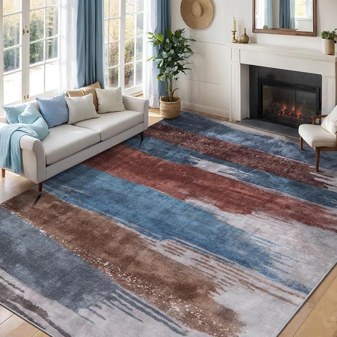 Ciicool Modern Abstract Rug for Living Room, 5'x7' Machine Washable Area Rug Non-Slip Rug, Low-Pile Contemporary Indoor Dining Floor Carpet for Bedroom Office Under Table Home Decor Blue Brown
