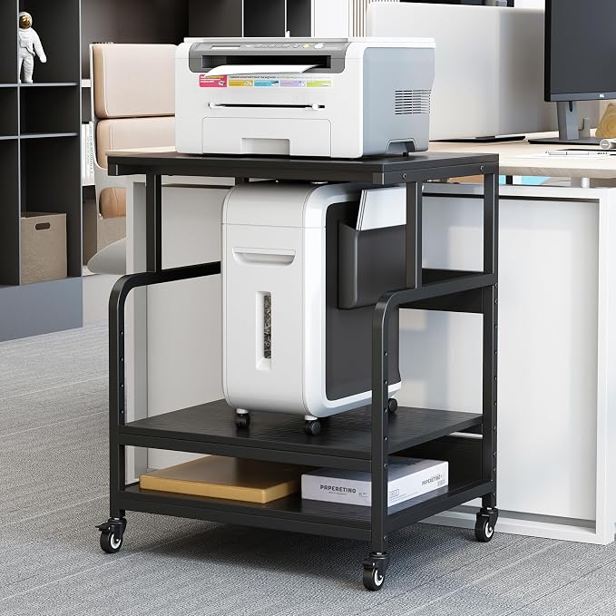 Large Printer Stand for Home Office, 23.6" x 18.9" Printer Table with Storage, Rolling Printer Cart with Wheels, Shelf for 3D Laser Inkjet Printer, Scanner, Fax, Black