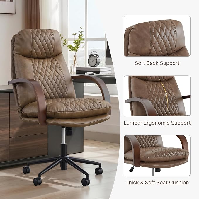 KISLOT Home Office Desk Chair, Ergonomic Office Chair with Lumbar Support, Adjustable Swivel Computer Chair with Wheels, Faux Leather Executive Task Chair with Wood Arms, Set of 2, Brown