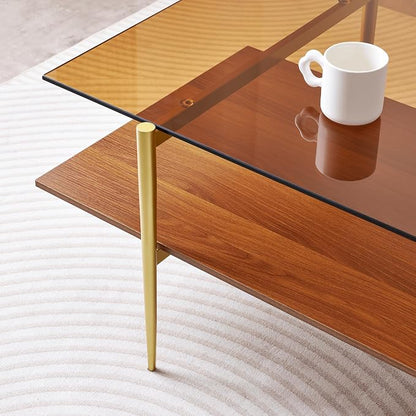 LumFurn Extra Large Rectangle Glass Coffee Table, Mid-Century Modern Design for Living Room, L47 x W24 x H17, Amber Glass Top and Walnut MDF Shelf, Sleek Conical Metal Legs with Gold Finish