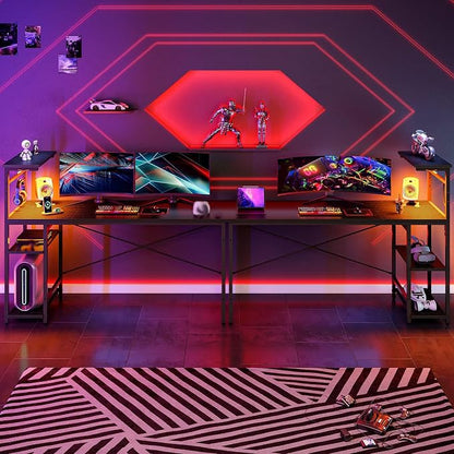 Bestier 61 Inch Gaming Desk with LED Lights, Reversible Shelves, Height Adjustable Shelf, Steel Frame, CARB P2 Class Board, Black 3D Carbon Fiber