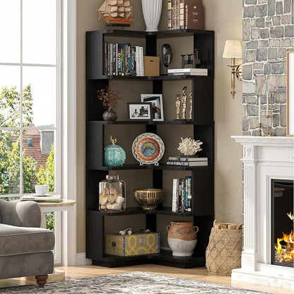 Armocity Corner Book Shelf - 6 Tier Corner Bookshelf Etagere Bookcase with Baffle, Freestanding L Shaped Display Shelf Stand for Home Office, Living Room, Bedroom, Kitchen, Black