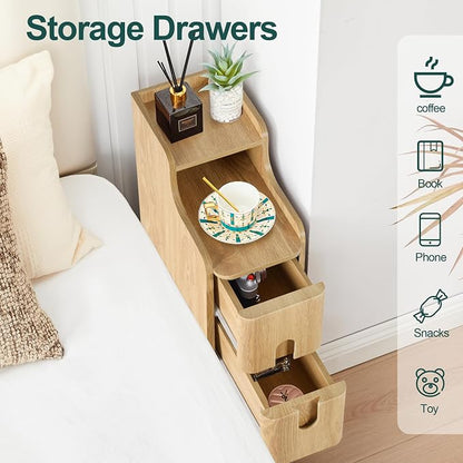Narrow End Table Living Room, Wooden Small 2 Drawer Nightstand Bedroom, Thin Couch Side End Table, Vintage Skinny Bedside Table Small Spaces, Mid Century Modern Night Stand with Drawers (Natural-1 pc)