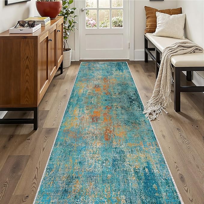 RELEANY Washable Area Rugs 2'x10' Non-Slip Modern Abstract Soft for Living Room Entryway Bedroom Kitchen, Print Pattern, Teal Blue Green Orange Rust Red Coloreful