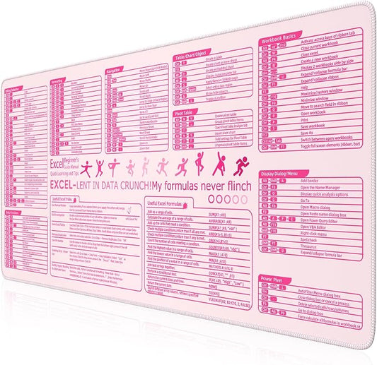 iCasso Pink Excel Cheat Sheet Desk Mat with Excel for Dummies,Excel Shortcuts Mousepad, Extended Large XXL Non-Slip Exel Mousepad with Stitched Edges,Computer Mats for Desktop Protector