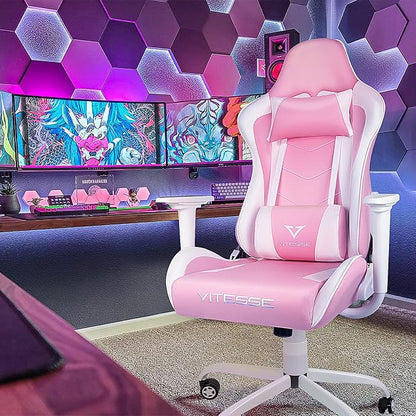 Gaming Chair High Back Gaming Chair for Teens, Ergonomic Racing Chair Computer Desk Chair with Massage Lumbar Support and Headrest, Cute Gamer Chair with Height Adjustable (Pink)