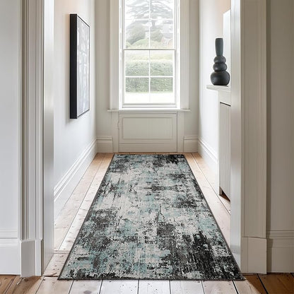 RELEANY Washable Area Rugs 2'x8' Non-Slip Modern Abstract Soft for Living Room Entryway Bedroom Kitchen, Print Pattern, Blue Black Teal