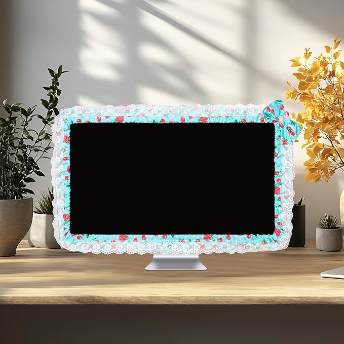 24-inch Cute Lace Fabric Monitor Cover with Elastic Pen Pocket & Bow-knot Design, Dust Protector for Computer/TV/LCD Screens - Blue