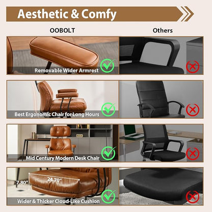 Home Office Chair,Ergonomic Computer Chair with Lumbar Support Adjustable Height,Mid-Century Modern Office Chair with Rolling Swivel Chair for Home Office Game Study(PU Leather Chair,Brown)