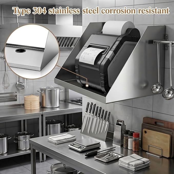 Hicarer Wall Mounted Stainless Steel Kitchen Printer Shelf 14" x 10" x 9" Heavy Duty KDS Ticket Printer Stand for Restaurant Kitchen Commercial Food Service, with Wire Routing Hole