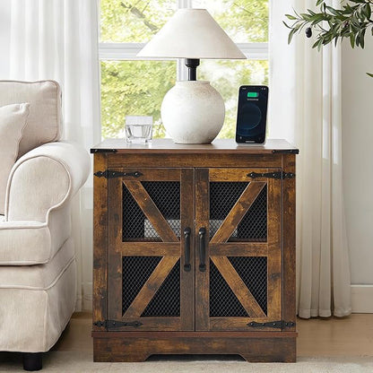 Farmhouse End Table Set with Charging Station, Brown Living Room Tables with Hidden Storage, Rustic Brown Wood Furniture for Home and Office