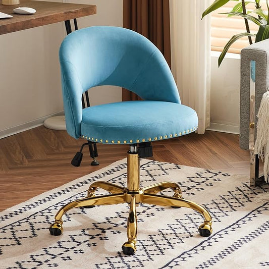 VINGLI Modern Velvet Small Office Chair,Cute Desk Chair with Wheels,Gold Base/Studs, Comfy Armless Swivel Vanity Task Chair for Women/Girl/Kids, Nail Tech Chair for Bedroom,Small Space,Cruising Blue