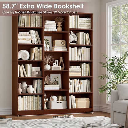 FACBOTALL Triple Wide Bookshelf, 6 Tier Large Bookshelf, Bookcase with 17 Open Display Shelves, 74'' Tall Bookcases and Bookshelves for Living Room, Home Office, Library, Cherry