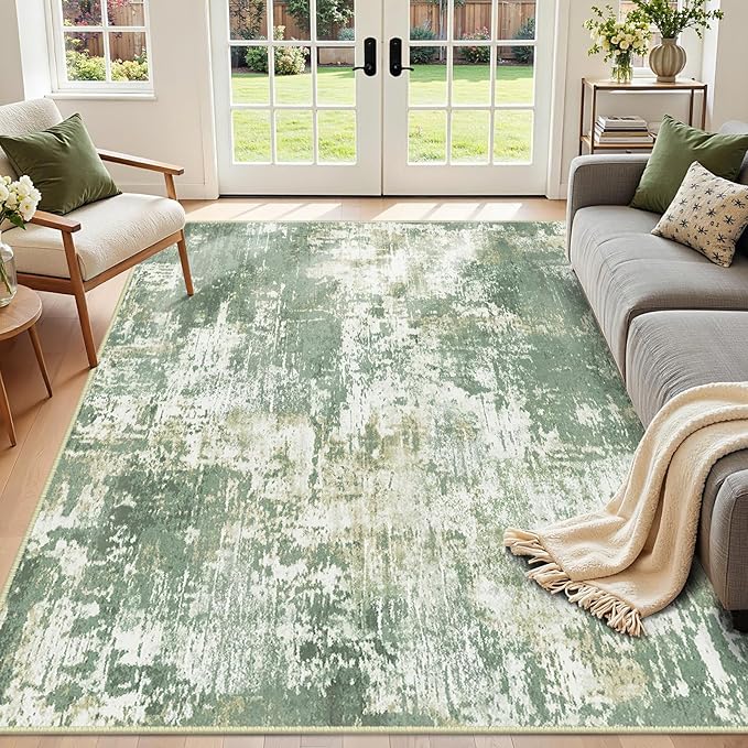 RELEANY Washable Area Rugs 8'x10' Non-Slip Modern Abstract Soft for Living Room Entryway Bedroom Kitchen, Print Pattern, Light Green/Yellow