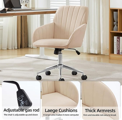 YITAI Velvet Office Desk Armchairs with Silver Base and Wheels,Modern Height Adjustable 360 Degree Swivel Upholstered Vanity Chairs for Living/Room Bedroom/Study,Khaki